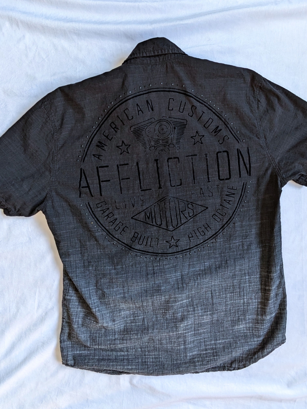 Affliction Black Short Sleeve Button Up Shirt Large Back Logo